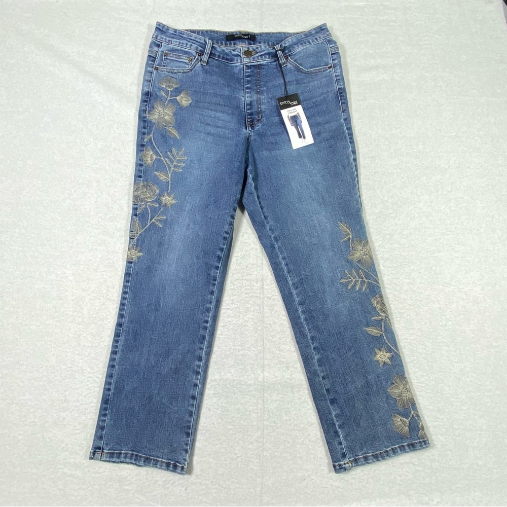 Stitch Star Pull On Jeans Women's M Floral Embroidered Straight Leg Ankle NWT
